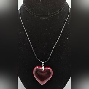 ❤ Cord Necklace w/ Glass Puffy Red Heart Pendant Lobster Claw Clasp Silver Tone